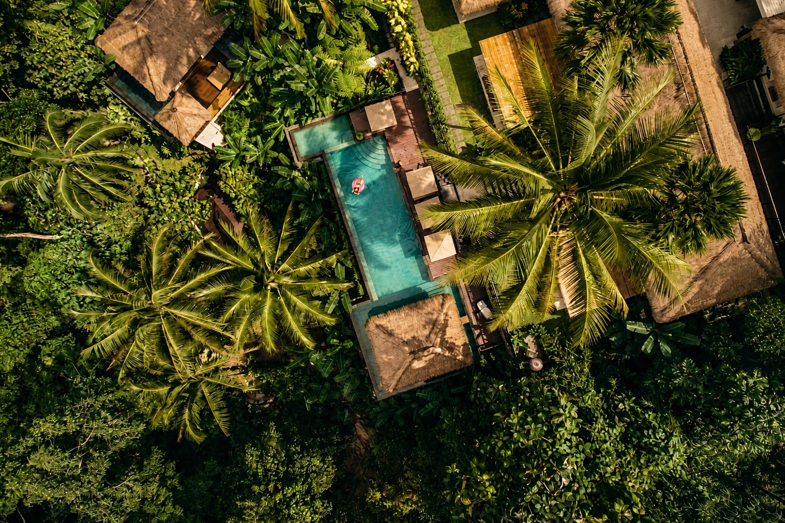 Aerial view of a luxury tropical villa with a turquoise swimming pool surrounded by lush jungle and palm trees.