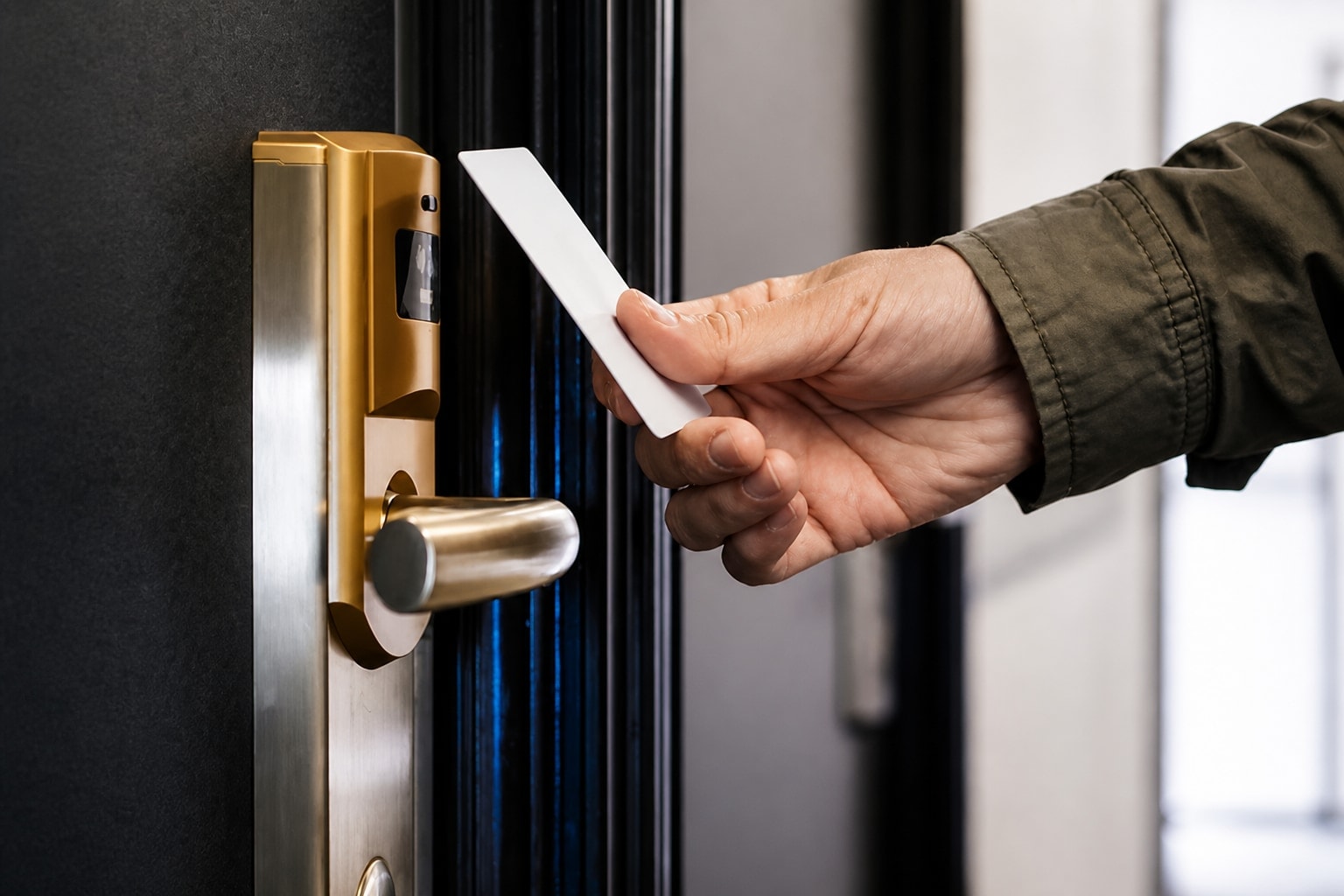 Close-up of a guest using a white electronic key card to open a modern hotel room door lock.